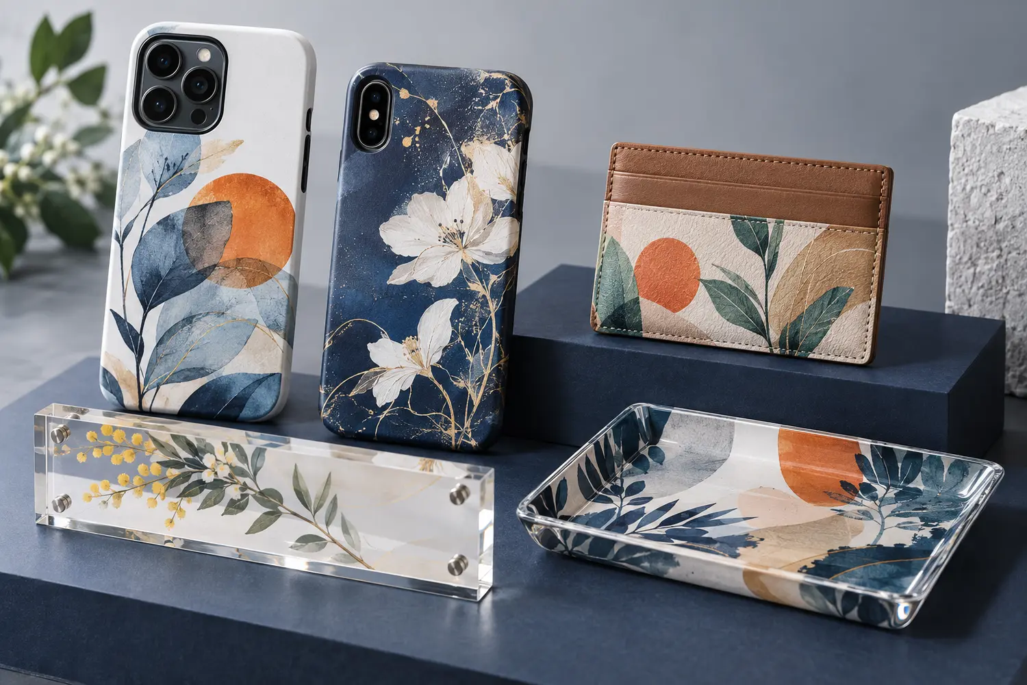 UV印刷で製作できるスマートフォンケース、革小物、アクリルプレート